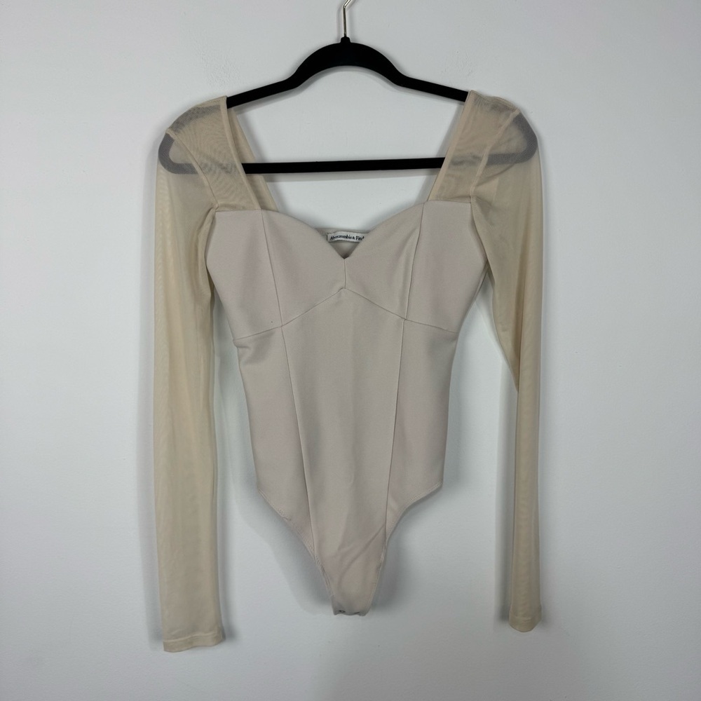 Abercrombie & Fitch Tan Sweetheart Neckline Mesh Sleeve Bodysuit Neutral Classy